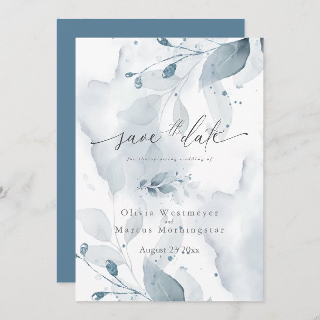 Dusty Blue Foliage Save the Date   Invitation (Front/Back)