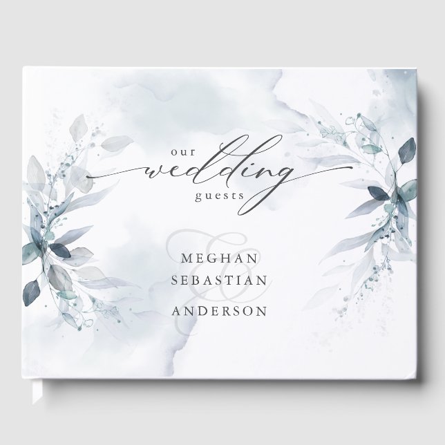 Dusty Blue Foliage Wedding Guest Book (Front)