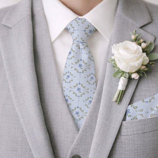 Dusty Blue Folk Botanical Wedding Tie (Creator Uploaded)