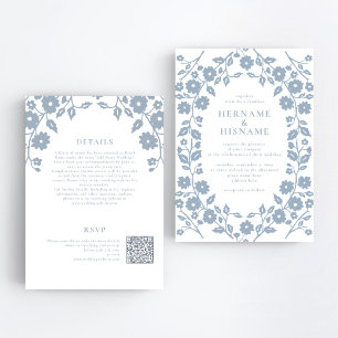 Dusty Blue Folk Floral QR RSVP All-In-One Wedding Invitation