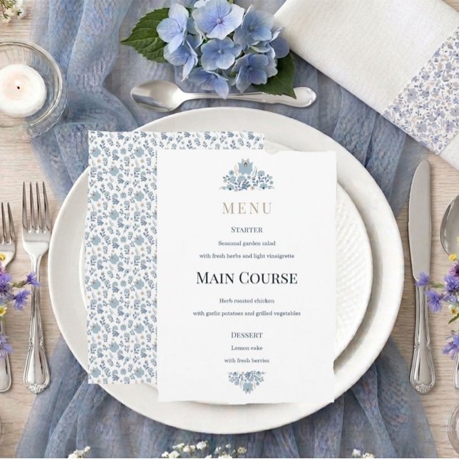 Dusty Blue Folk Floral Wedding Menu (Creator Uploaded)