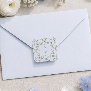 Dusty Blue Folk Floral Wedding Monogram Square Sticker