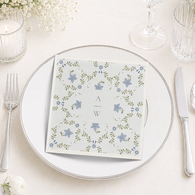 Dusty Blue Folk Monogram Wedding Napkins  (Creator Uploaded)
