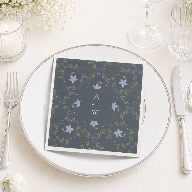 Dusty Blue Folk Monogram Wedding Napkins  (Creator Uploaded)