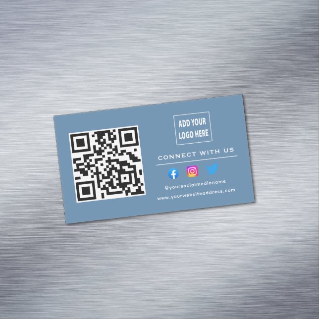 Dusty Blue Follow Scan To Connect With Us QR Code Magnetic Business Card (In Situ)