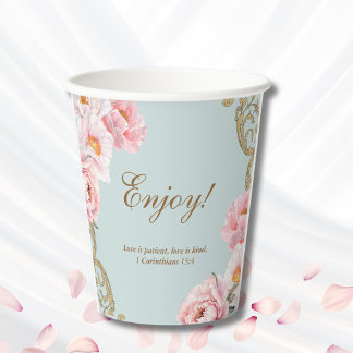 Dusty Blue Foral Peony Christian Bridal Shower Paper Cups