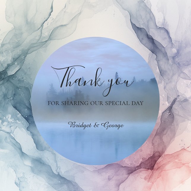 dusty blue forest landscape wedding classic round sticker (Creator Uploaded)