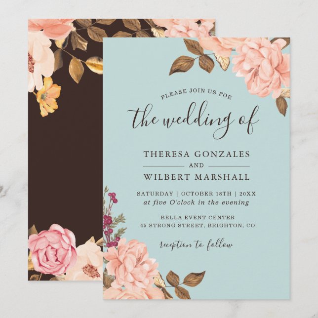 Dusty Blue French Countryside Blush Floral Wedding Invitation (Front/Back)
