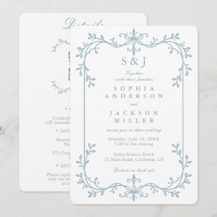 Dusty Blue French Floral Elegant Monogram Wedding Invitation