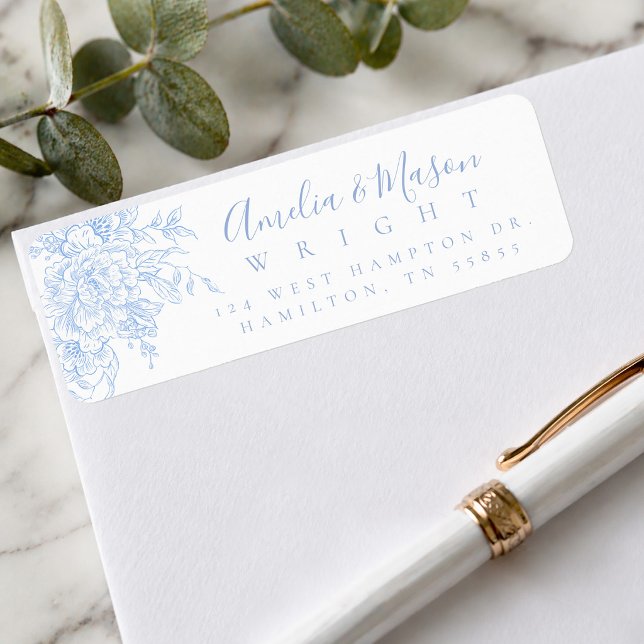 Dusty Blue French Floral Script Wedding Address  (Dusty Blue French Floral Script Wedding Address Label)