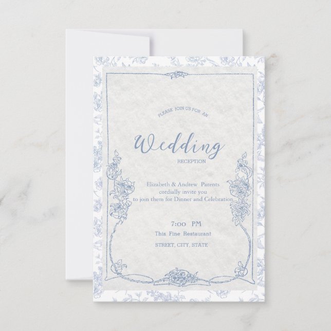  Dusty Blue French Floral Toile Wedding Invitation (Front)
