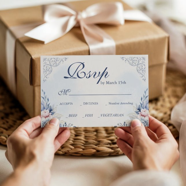 Dusty Blue French Garden Floral Wedding RSVP Card (Creator Uploaded)