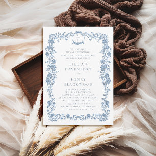 Dusty Blue French Toile Floral Bow Formal Wedding Invitation