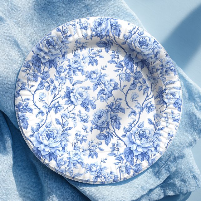 Dusty Blue French Toile Roses Floral Paper Plates (Dusty Blue French Toile Roses Floral Paper Plates)