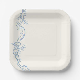 Dusty Blue French Toile Square Wedding Paper Plate