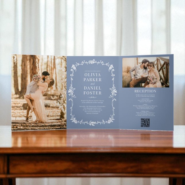 Dusty Blue French Victorian QR Code Photo Wedding Tri-Fold Invitation (Creator Uploaded)