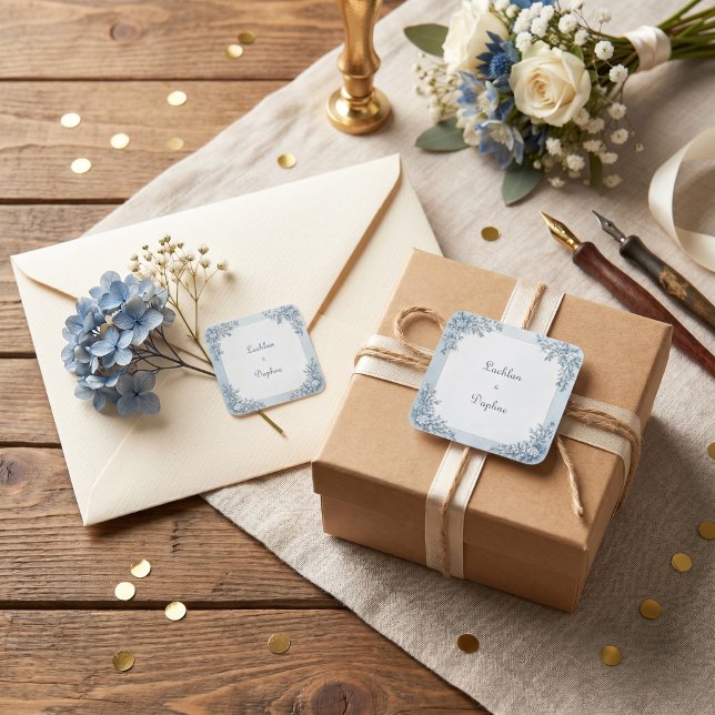 Dusty Blue Frost Botanical Gold Frame Wedding Square Sticker (Creator Uploaded)