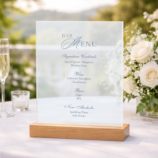 Dusty Blue Frosted Acrylic Wedding Bar Menu Sign (Creator Uploaded)