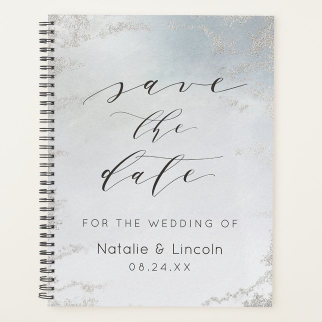 Dusty Blue Frosted Silver Save the Date Wedding Planner (Front)