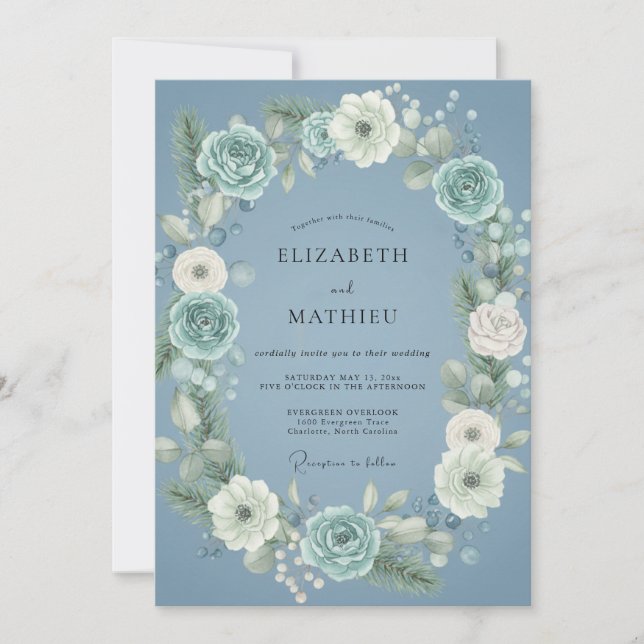 Dusty Blue Frosty Botanical Wedding Invitation (Front)