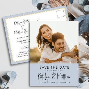 Dusty Blue Fun Script Modern Photo Wedding Announcement Postcard