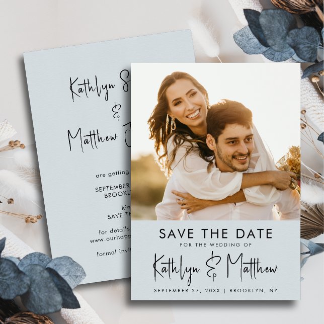 Dusty Blue Fun Script Modern Photo Wedding Save The Date (Creator Uploaded)