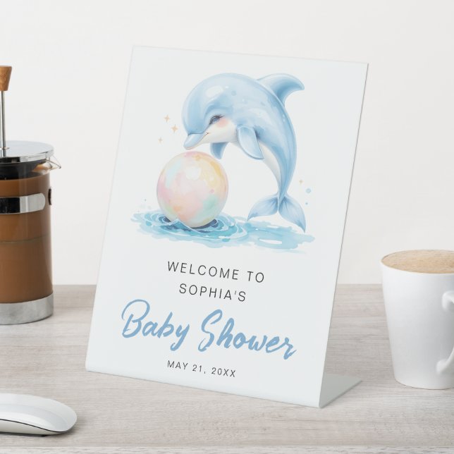 Dusty Blue Funny Dolphin Baby Shower Welcome  Pedestal Sign (In SItu)