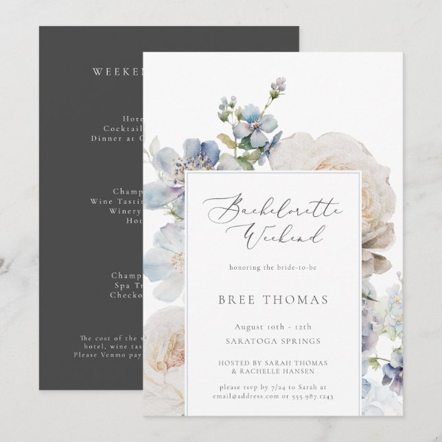 Dusty Blue Garden Floral Bachelorette Weekend Invitation (Front/Back)