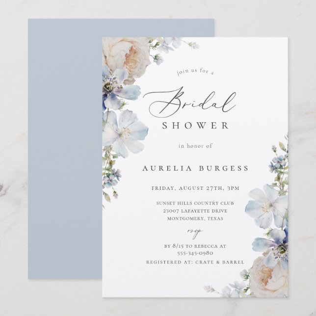 Dusty Blue Garden Floral Bridal Shower Invitation (Front/Back)