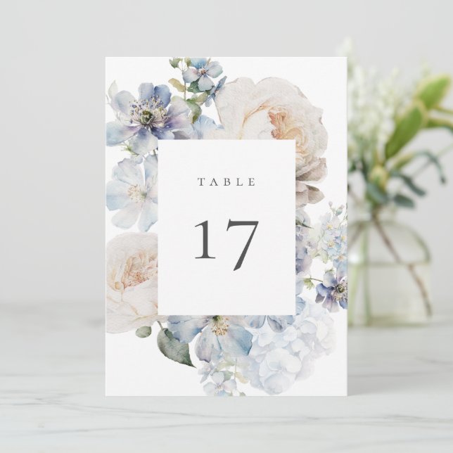 Dusty Blue Garden Floral Table Number Card (Standing Front)