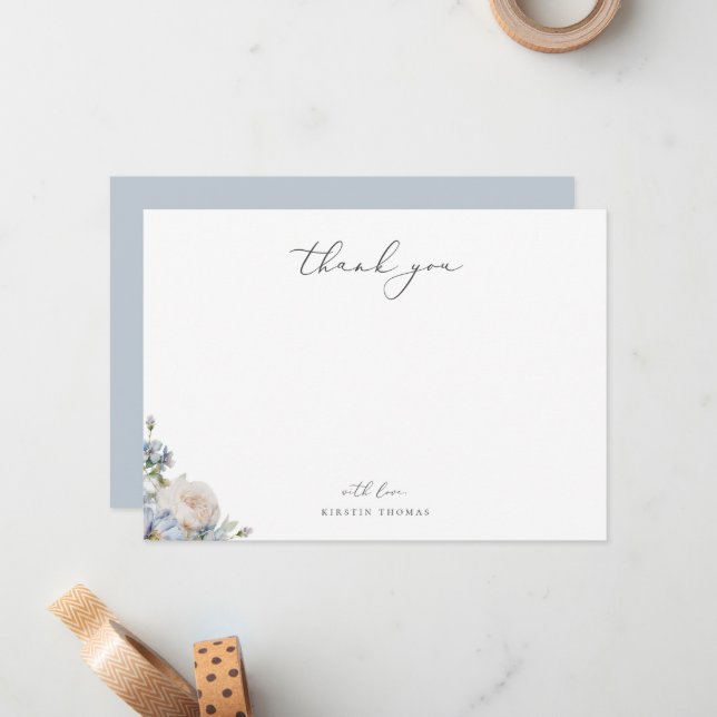 Dusty Blue Garden Floral Thank You Card (Front/Back In Situ)