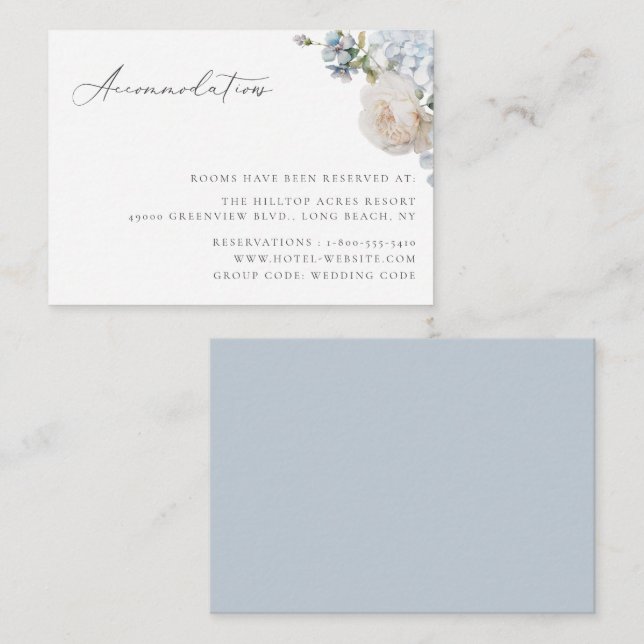 Dusty Blue Garden Floral Wedding Accommodations Enclosure Card (Front/Back)