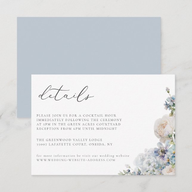 Dusty Blue Garden Floral Wedding Details Card (Front/Back)
