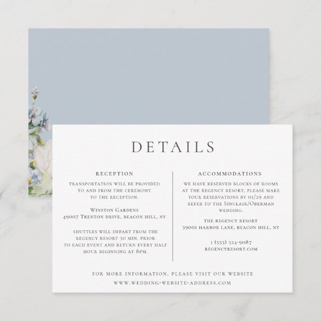Dusty Blue Garden Floral Wedding Details Invitation (Front/Back)