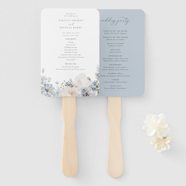 Dusty Blue Garden Floral Wedding Hand Fan (Front and Back)