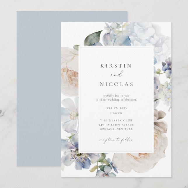Dusty Blue Garden Floral Wedding Invitation (Front/Back)