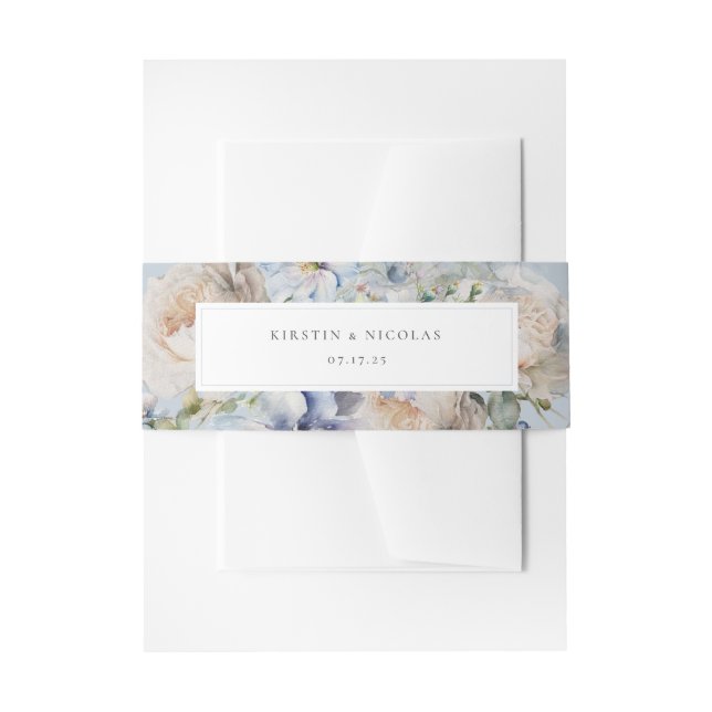 Dusty Blue Garden Floral Wedding Invitation Belly Band (Front Example)