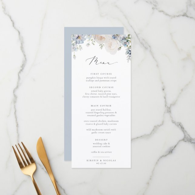Dusty Blue Garden Floral Wedding Menu (Front/Back In Situ)