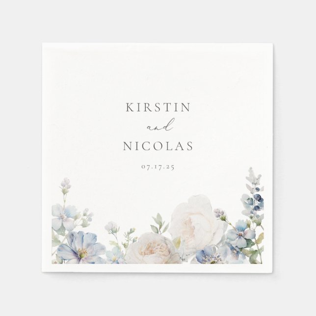 Dusty Blue Garden Floral Wedding Napkin (Front)