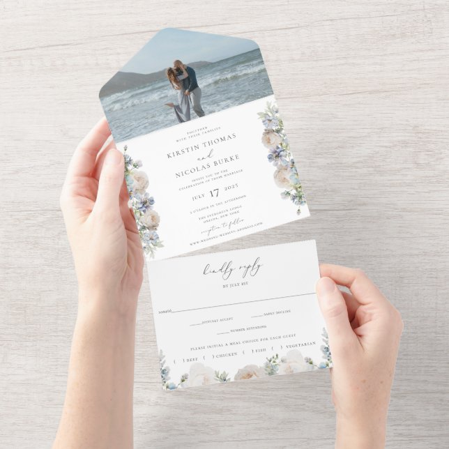 Dusty Blue Garden Floral Wedding Photo All In One Invitation (Tearaway)