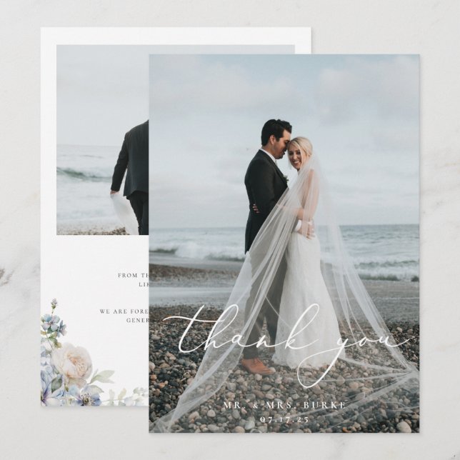 Dusty Blue Garden Floral Wedding Photo Thank You Card (Front/Back)