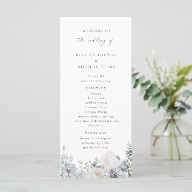 Dusty Blue Garden Floral Wedding Programme (Standing Front)