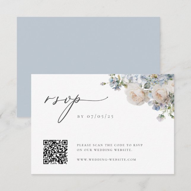 Dusty Blue Garden Floral Wedding QR Code RSVP Card (Front/Back)
