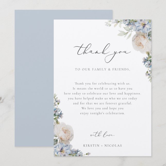 Dusty Blue Garden Floral Wedding Reception Table Thank You Card (Front/Back)