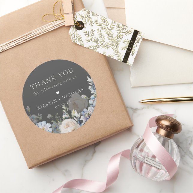 Dusty Blue Garden Floral Wedding Thank You Classic Round Sticker (Gifting)