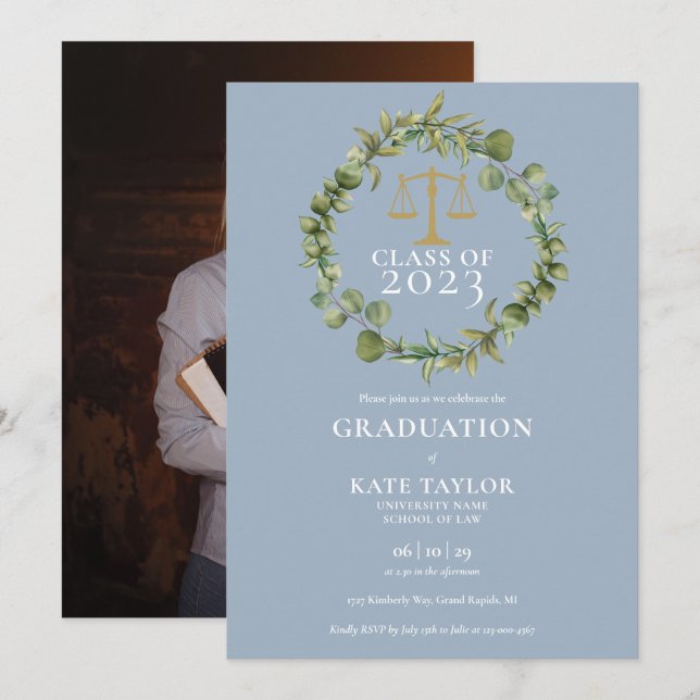 Dusty Blue Garland Photo Law School Graduation Invitation (Front/Back)