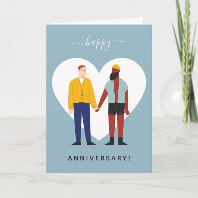 Dusty Blue Gay Couple Illustration Anniversary Holiday Card (Front)
