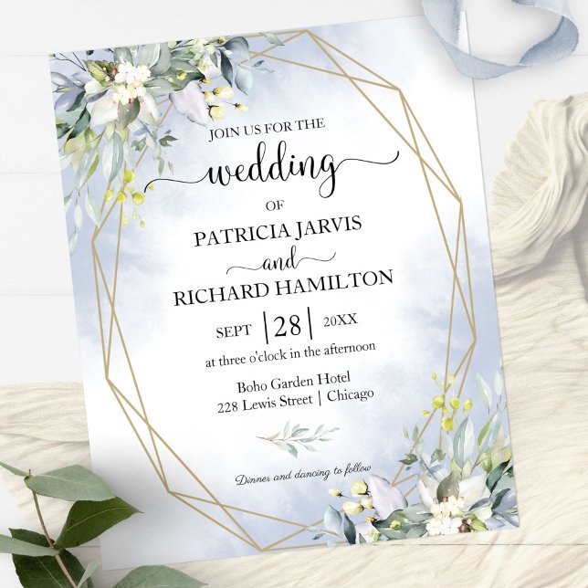 Dusty Blue Geometric Budget Wedding Invitation (Creator Uploaded)