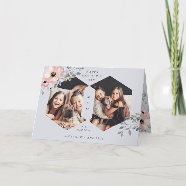 Dusty Blue Geometric Floral | Photo Mother's Day Card (Front)