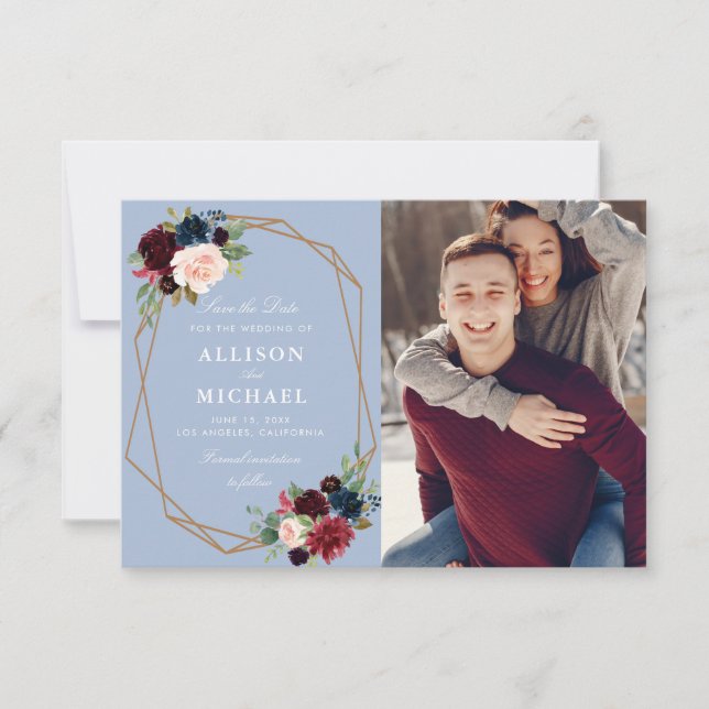 dusty blue geometric save the date photo card (Front)